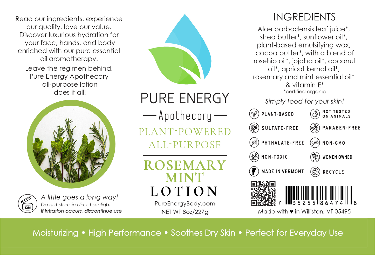 Natural All Purpose Lotion 8 Oz (Rosemary Mint)