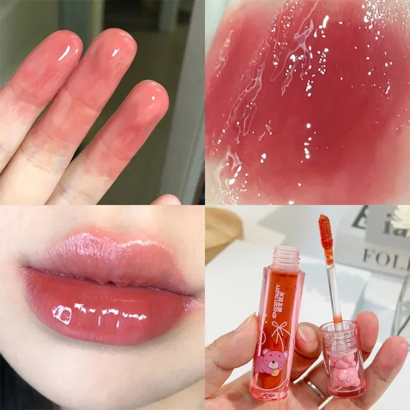 Cute Pink Bear Water Light Lip Gloss Lasting Crystal Shine