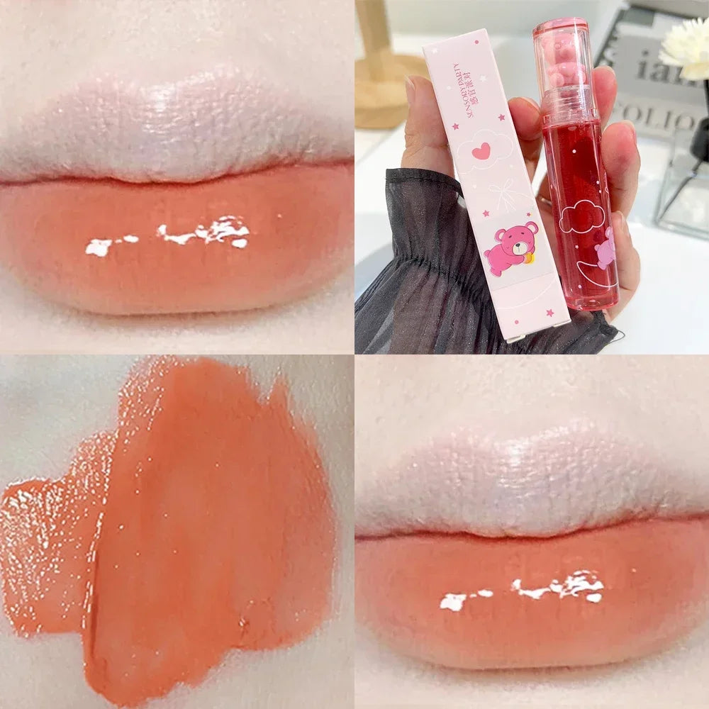 Cute Pink Bear Water Light Lip Gloss Lasting Crystal Shine