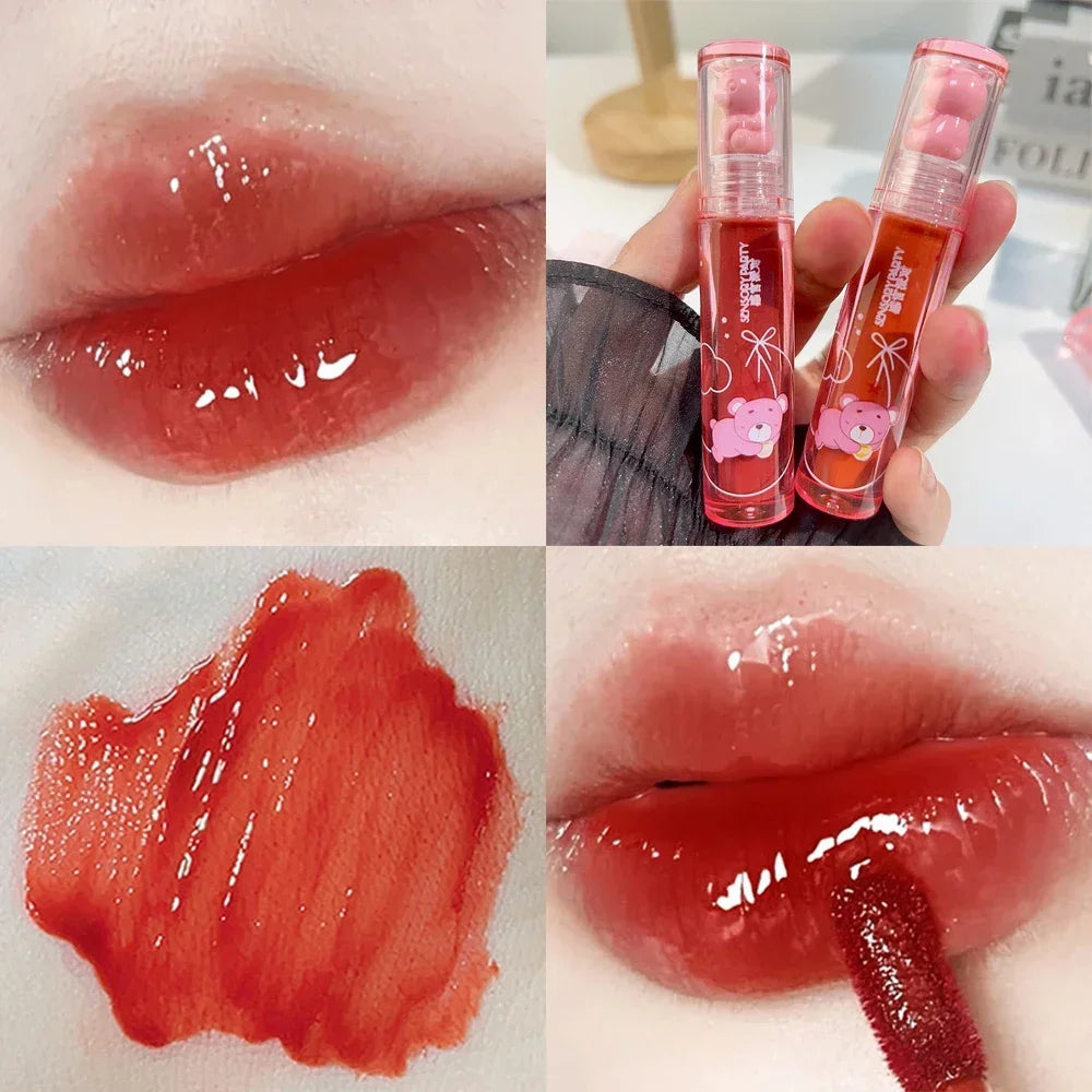 Cute Pink Bear Water Light Lip Gloss Lasting Crystal Shine