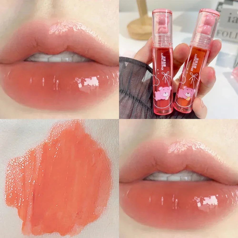 Cute Pink Bear Water Light Lip Gloss Lasting Crystal Shine