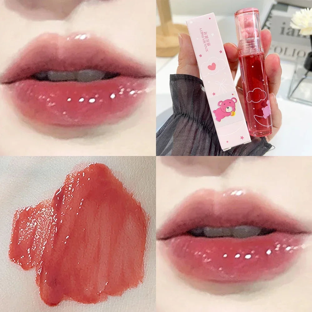 Cute Pink Bear Water Light Lip Gloss Lasting Crystal Shine