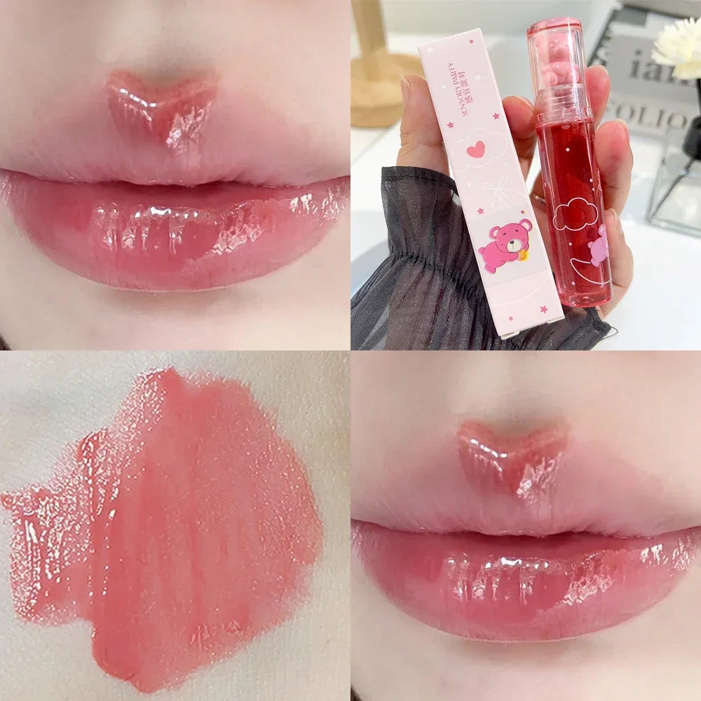 Cute Pink Bear Water Light Lip Gloss Lasting Crystal Shine