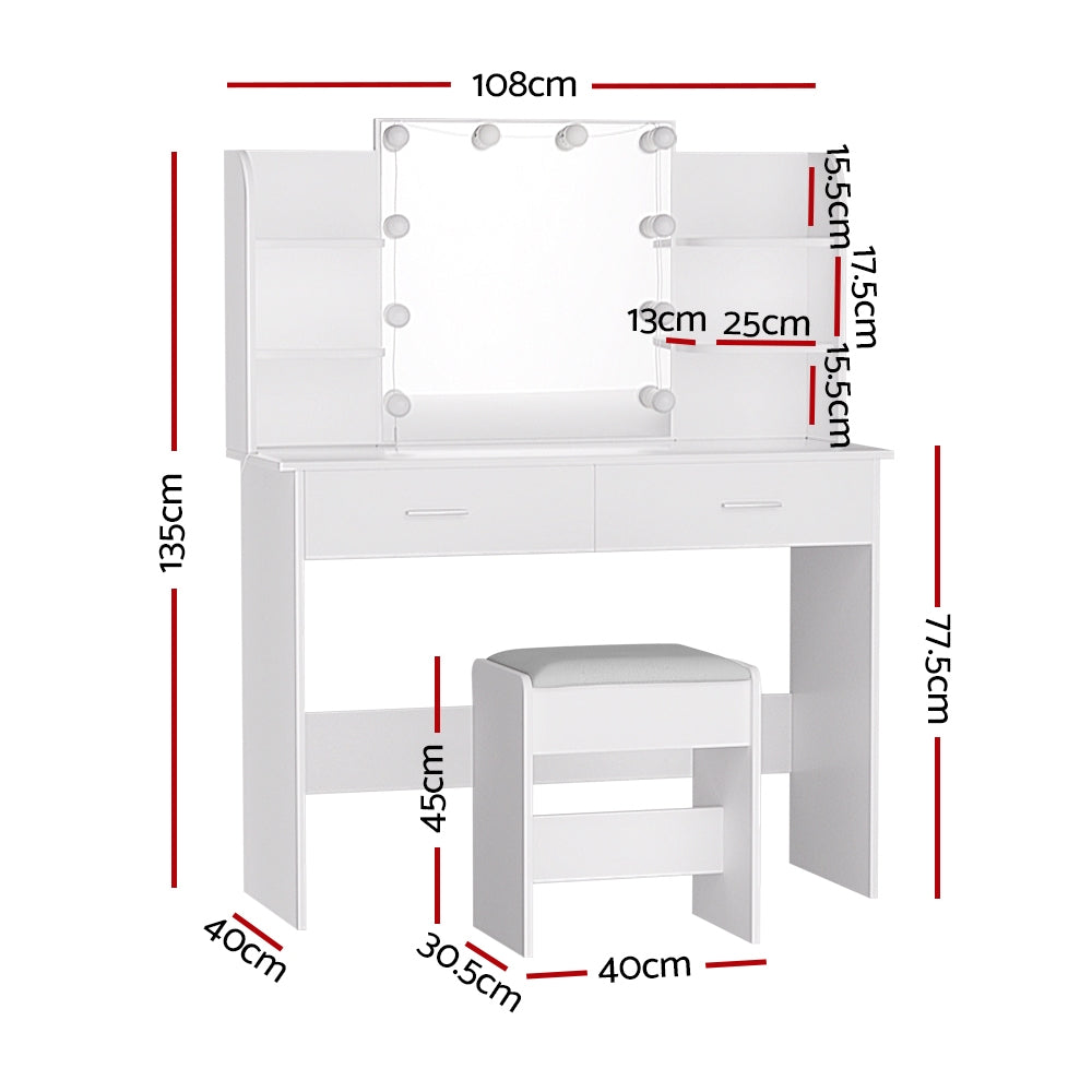 NNEDSZ Dressing Table LED Makeup Mirror Stool Set 10 Bulbs Vanity Desk White