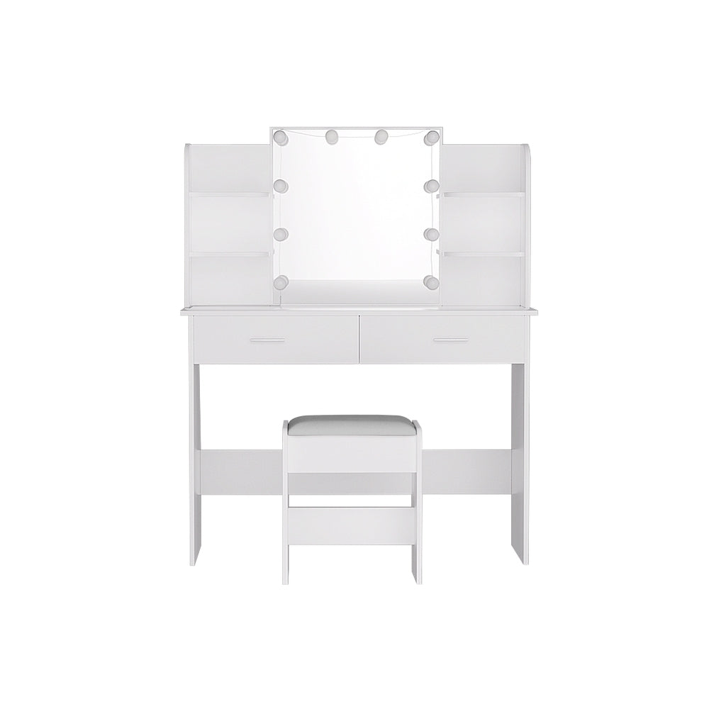 NNEDSZ Dressing Table LED Makeup Mirror Stool Set 10 Bulbs Vanity Desk White
