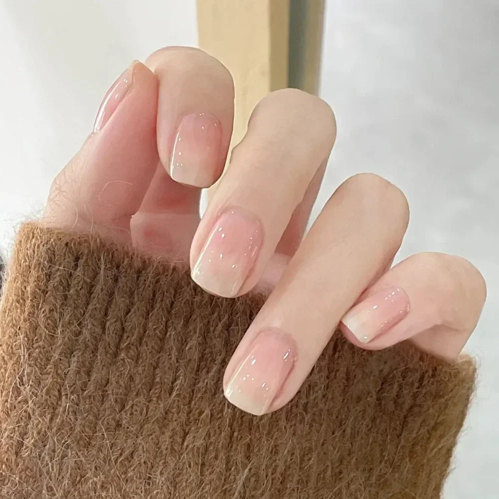 Gradient White Fake Nail Short Square Ballet Simple False Nails
