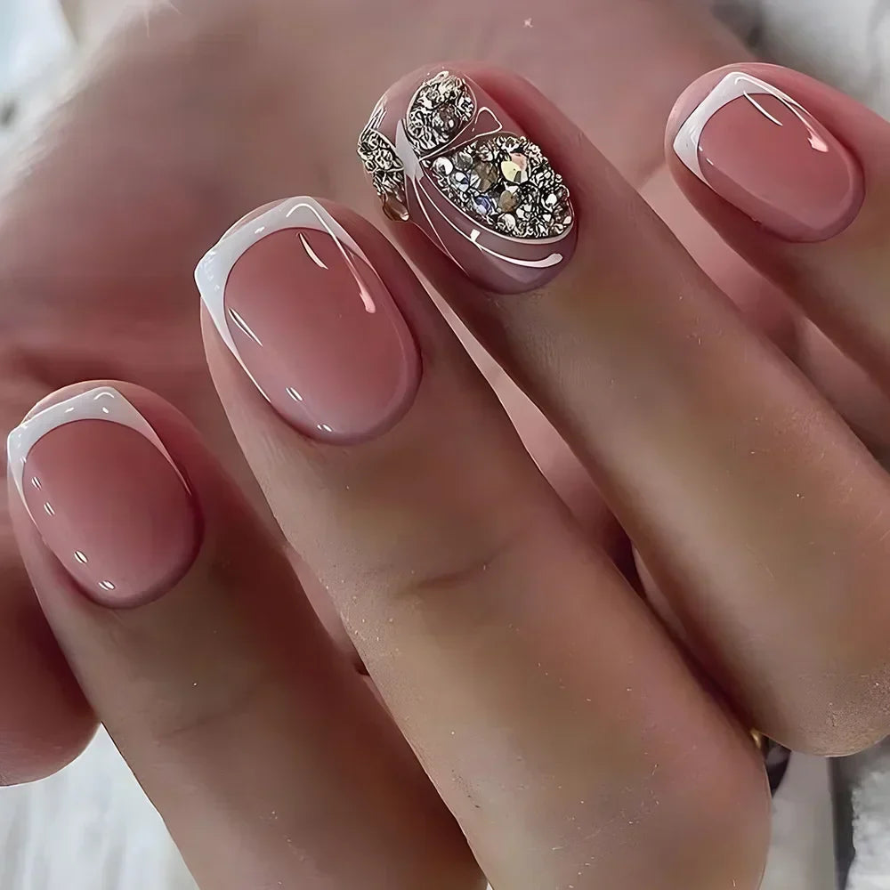 Gradient White Fake Nail Short Square Ballet Simple False Nails