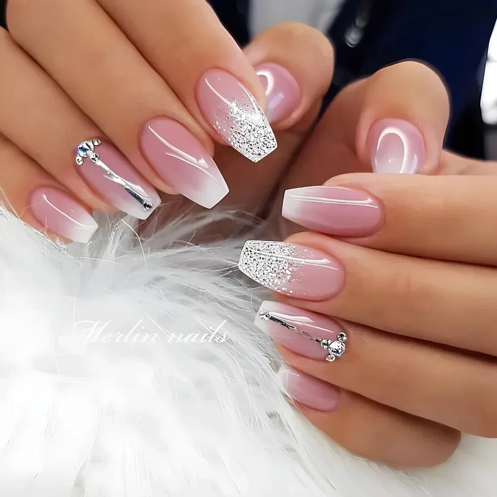 Gradient White Fake Nail Short Square Ballet Simple False Nails