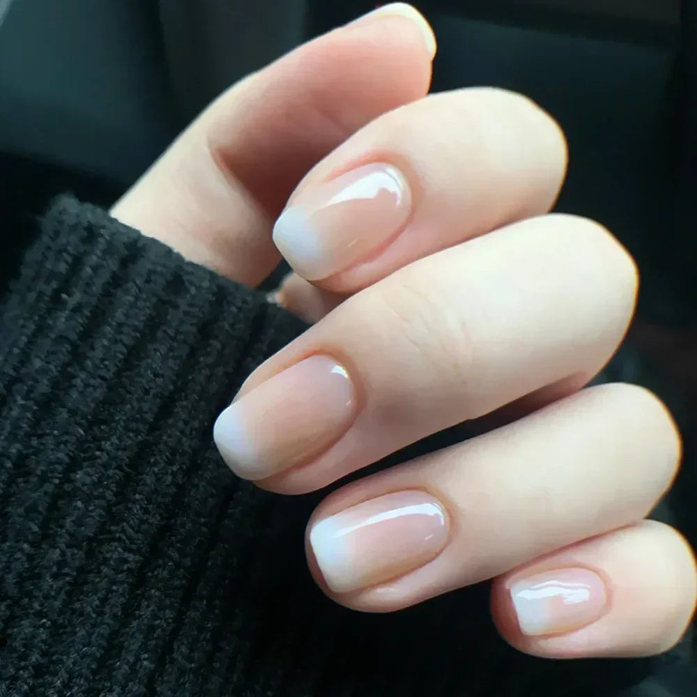 Gradient White Fake Nail Short Square Ballet Simple False Nails