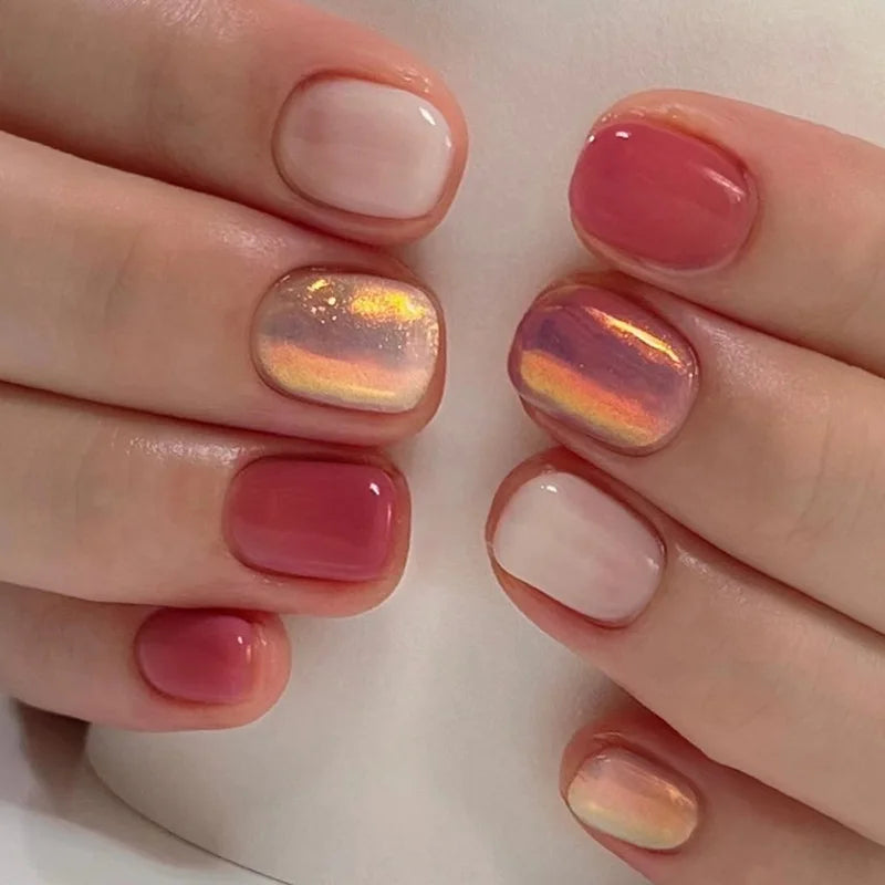 Gradient White Fake Nail Short Square Ballet Simple False Nails