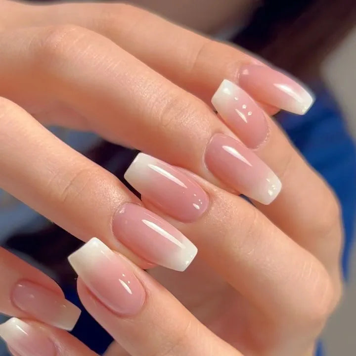 Gradient White Fake Nail Short Square Ballet Simple False Nails