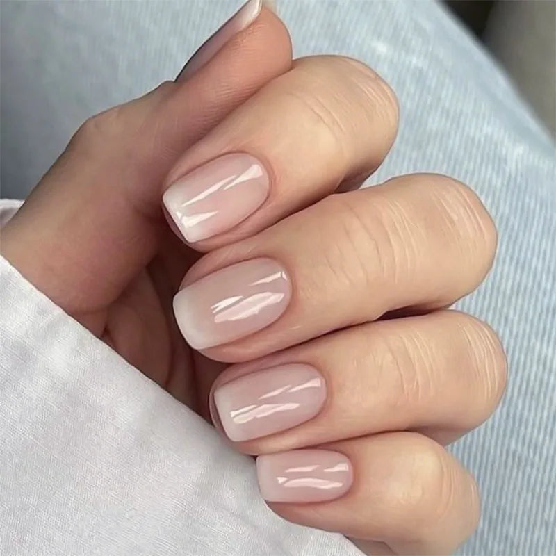 Gradient White Fake Nail Short Square Ballet Simple False Nails