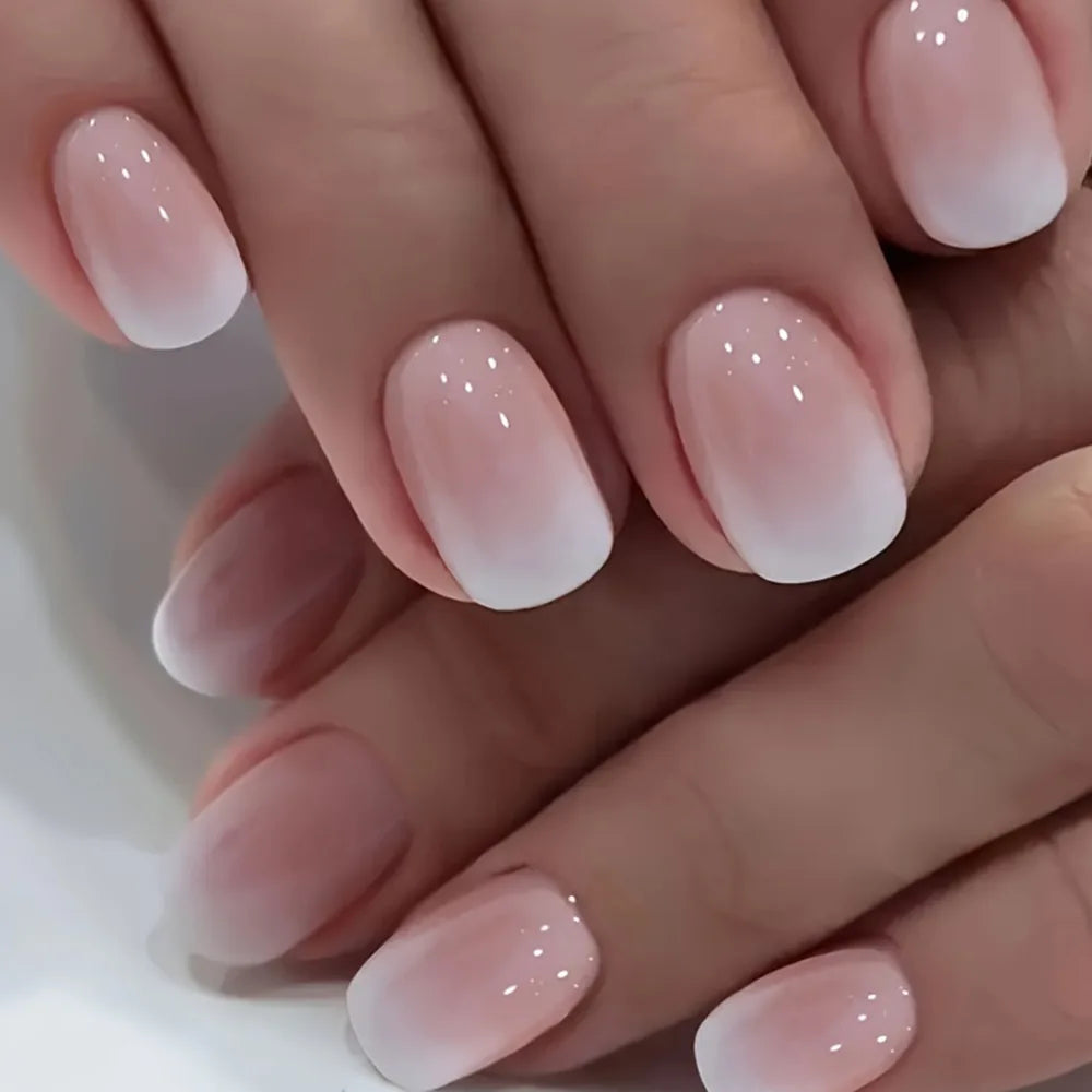 Gradient White Fake Nail Short Square Ballet Simple False Nails