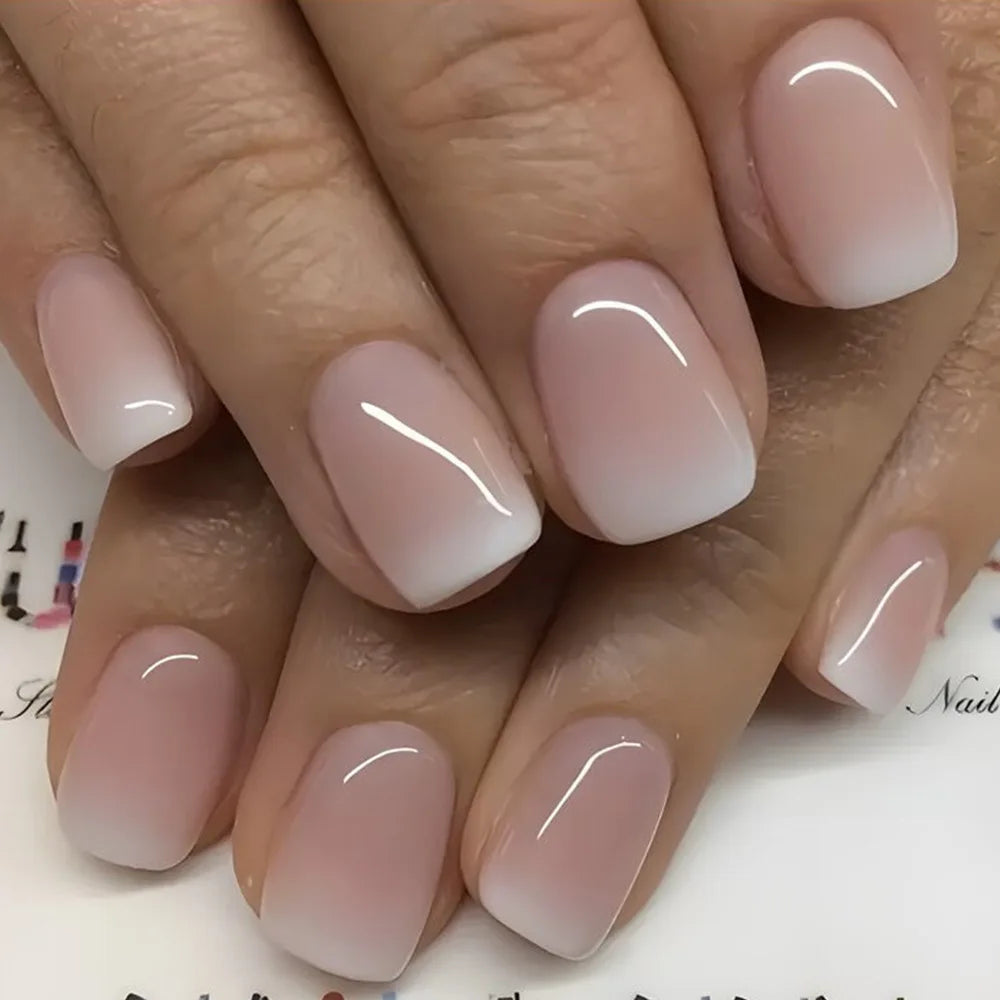 Gradient White Fake Nail Short Square Ballet Simple False Nails