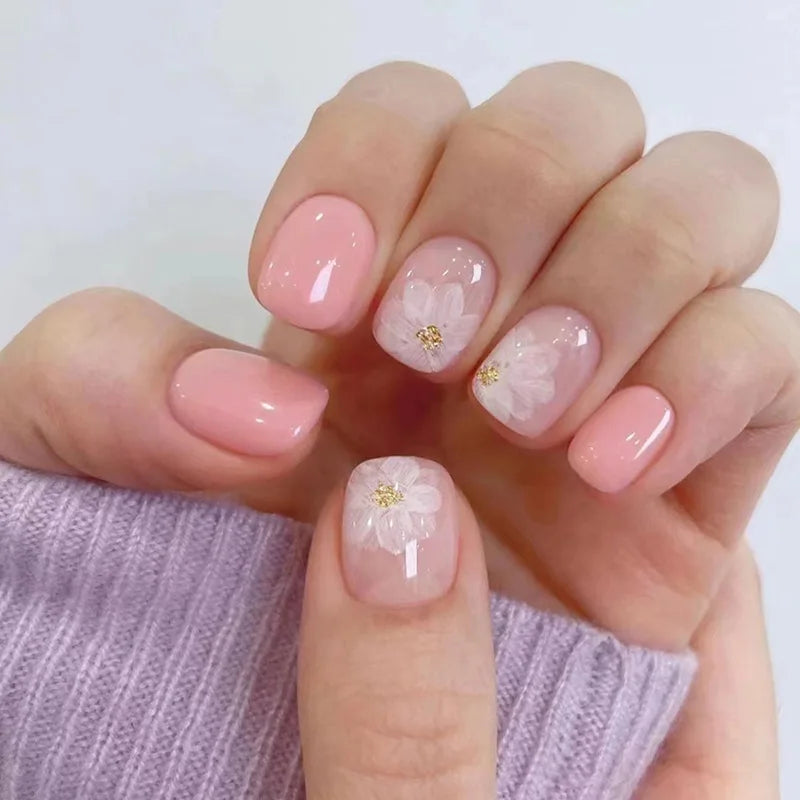Gradient White Fake Nail Short Square Ballet Simple False Nails