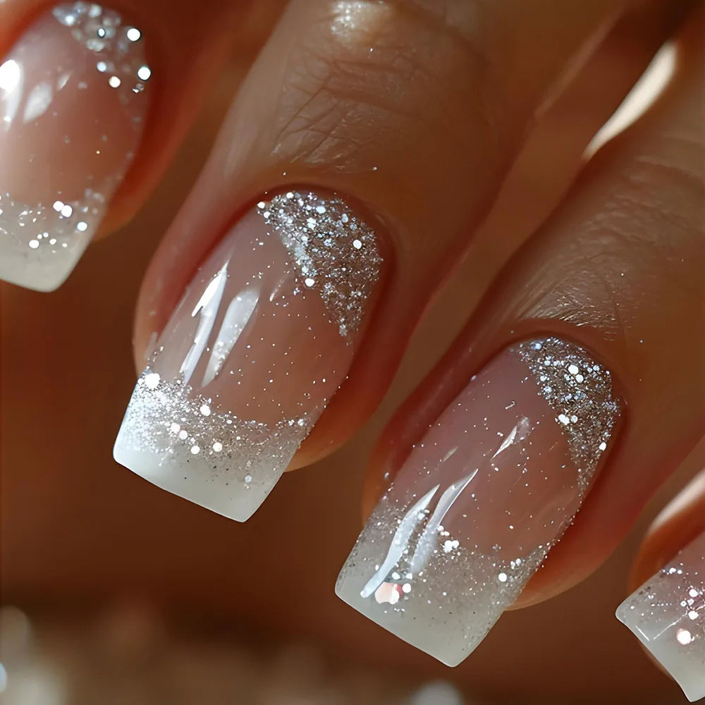 Gradient White Fake Nail Short Square Ballet Simple False Nails
