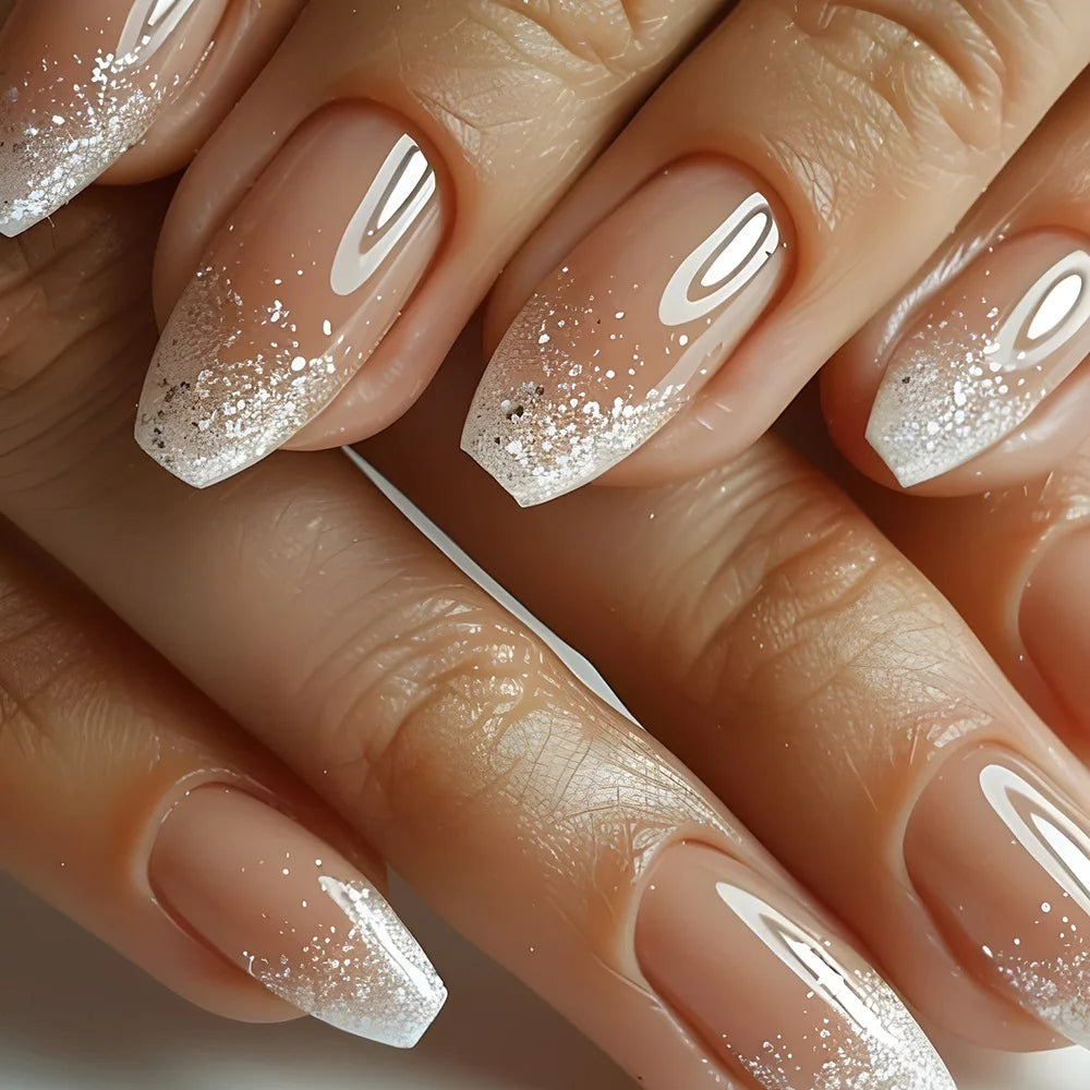Gradient White Fake Nail Short Square Ballet Simple False Nails