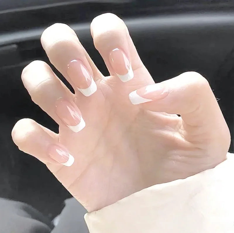 Gradient White Fake Nail Short Square Ballet Simple False Nails