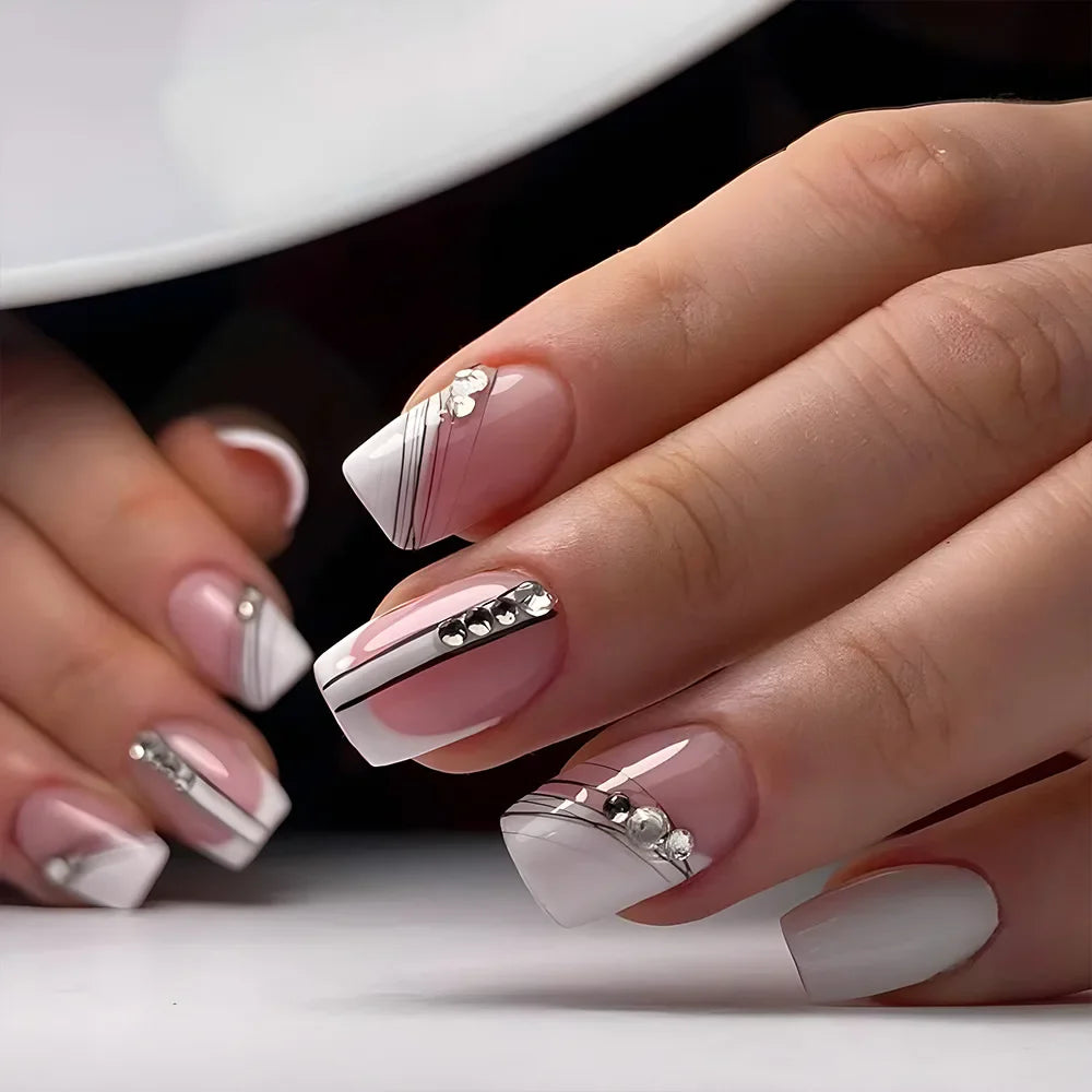 Gradient White Fake Nail Short Square Ballet Simple False Nails