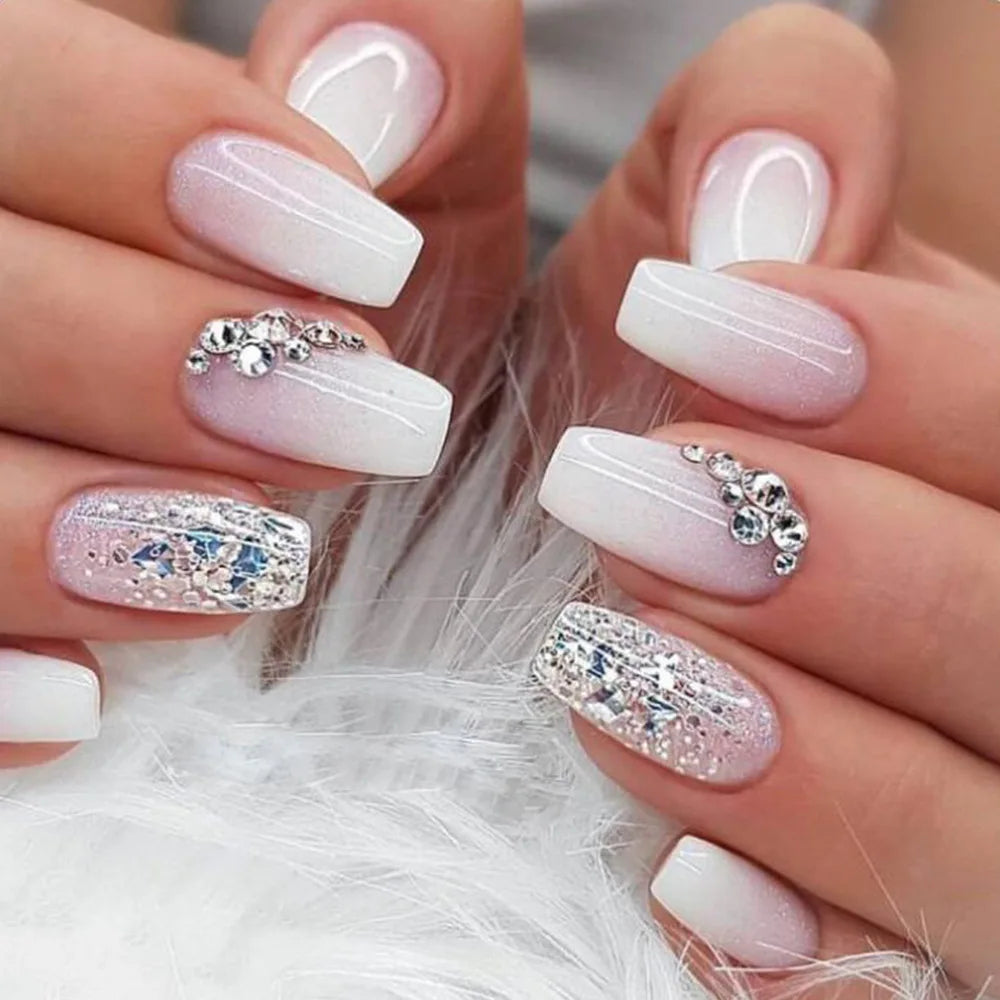 Gradient White Fake Nail Short Square Ballet Simple False Nails