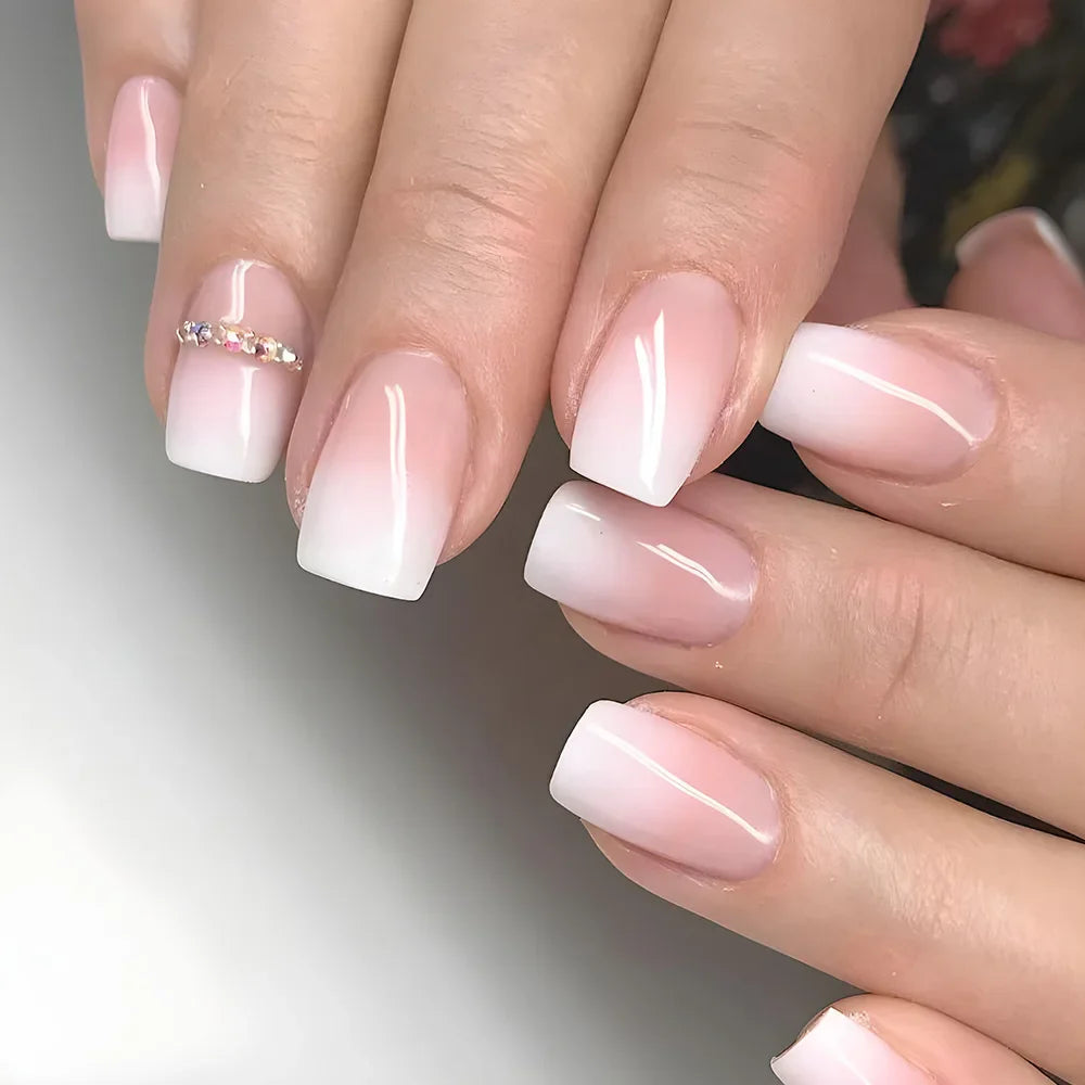 Gradient White Fake Nail Short Square Ballet Simple False Nails