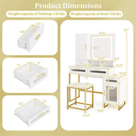 Makeup Vanity Desk Dressing Table and Stool Set with Lighted Mirror-White