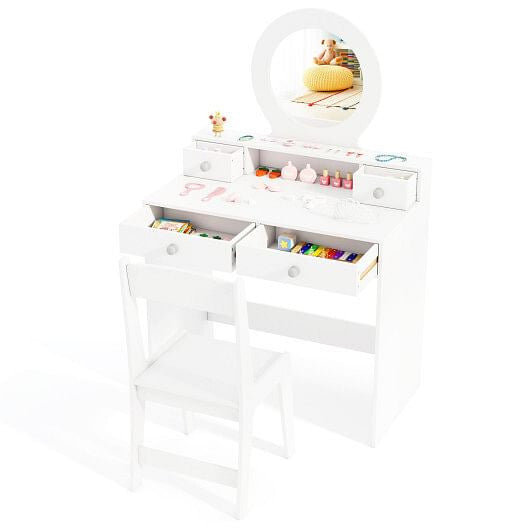 Kids Vanity Set with Mirror Princess Makeup Dressing Desk and Chair Set with Mirror-White