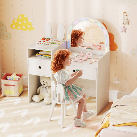 Kids Vanity Desk and Chair Set with Lights  Open Shelves-White