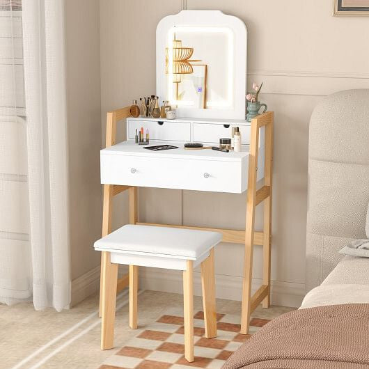 Adjustable Height Vanity Desk Set with 3-Color LED Lighted Mirror and Drawers-White