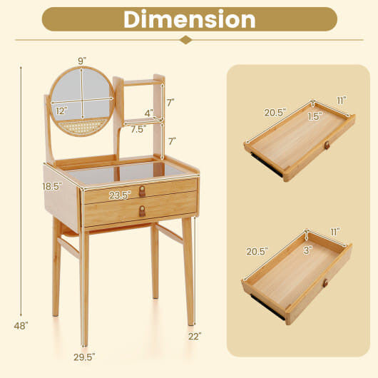Small Vanity Desk and Stool Set with Mirror and 2 Drawers