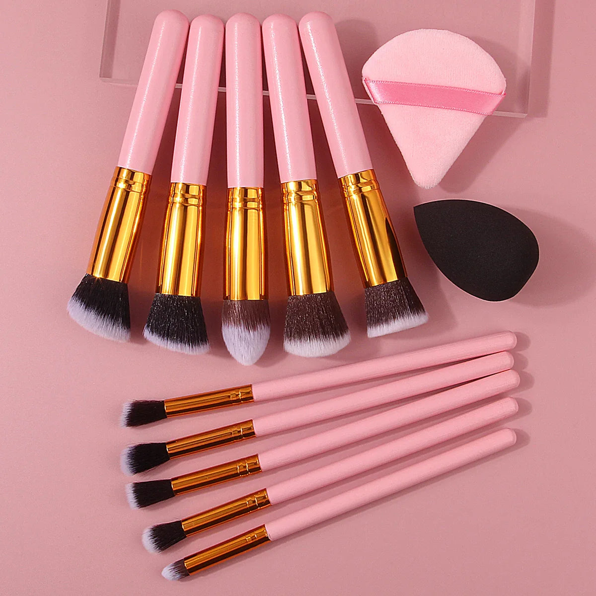 Pink Wooden Handle Makeup Brush Set 10pcs