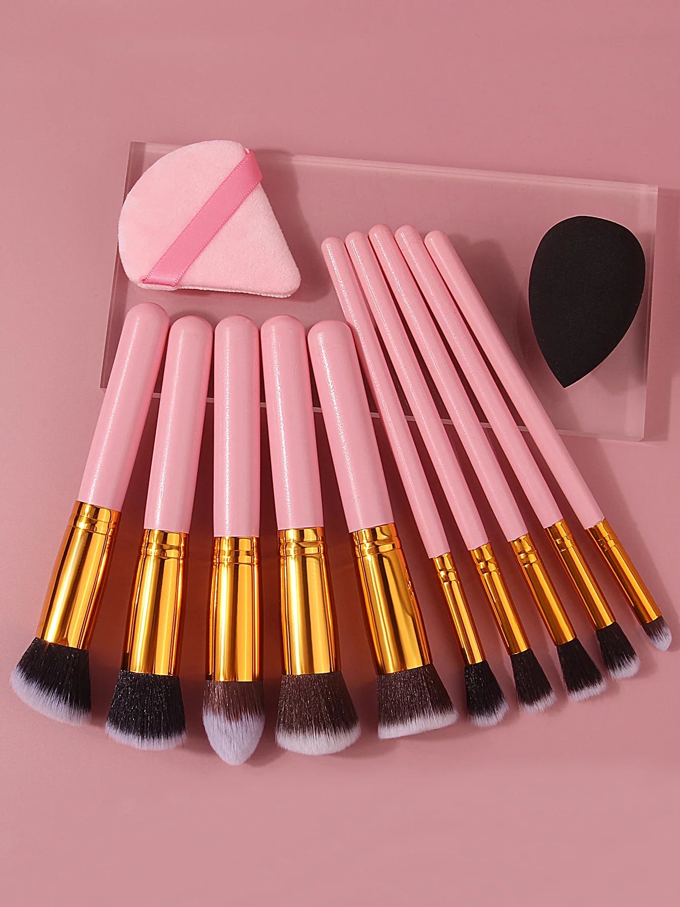 Pink Wooden Handle Makeup Brush Set 10pcs