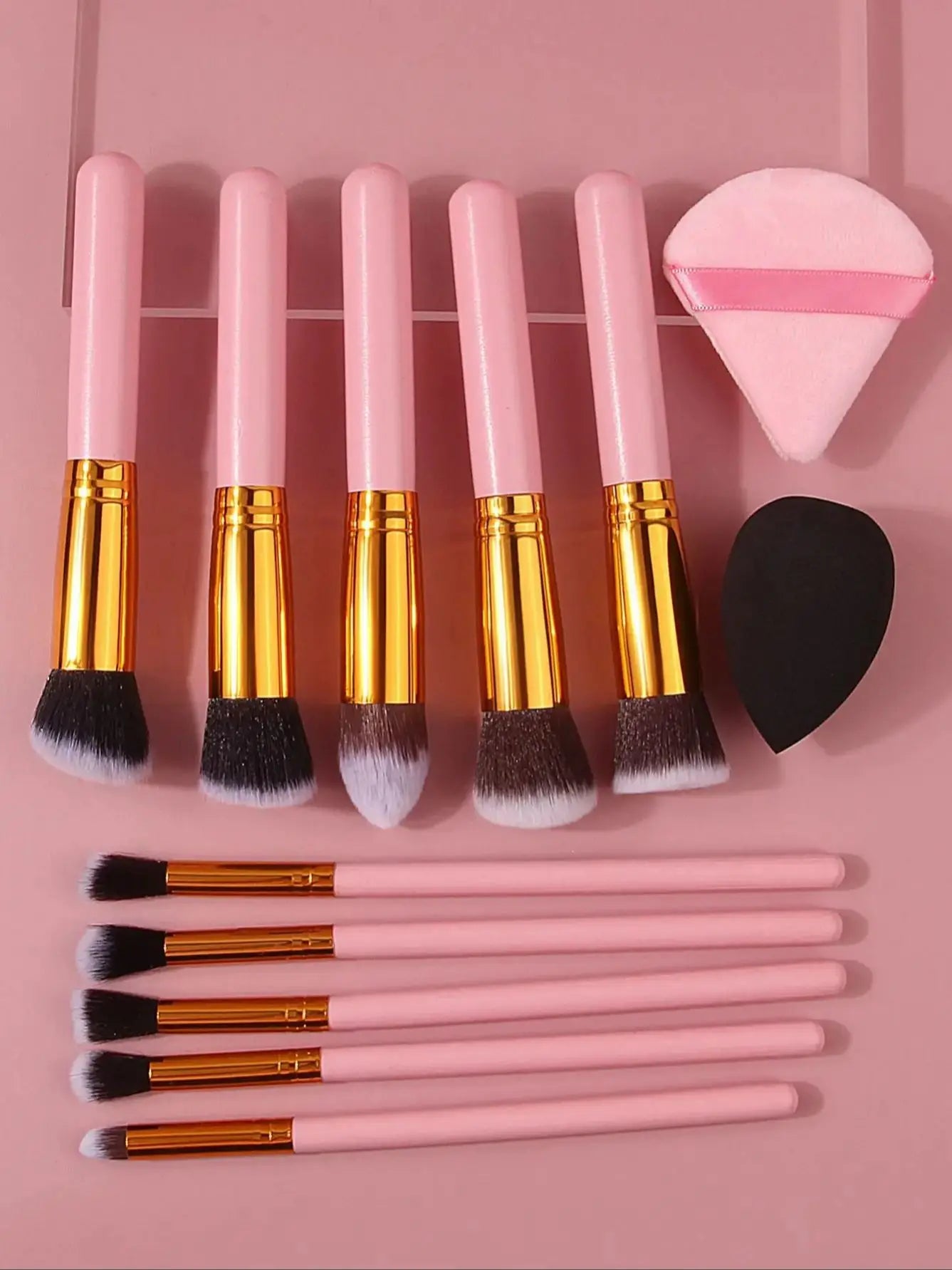 Pink Wooden Handle Makeup Brush Set 10pcs
