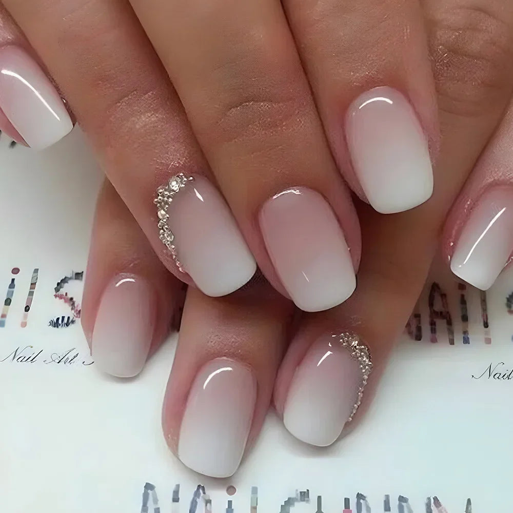 Gradient White Fake Nail Short Square Ballet Simple False Nails