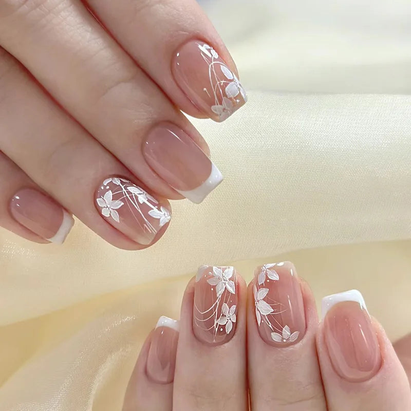 Gradient White Fake Nail Short Square Ballet Simple False Nails