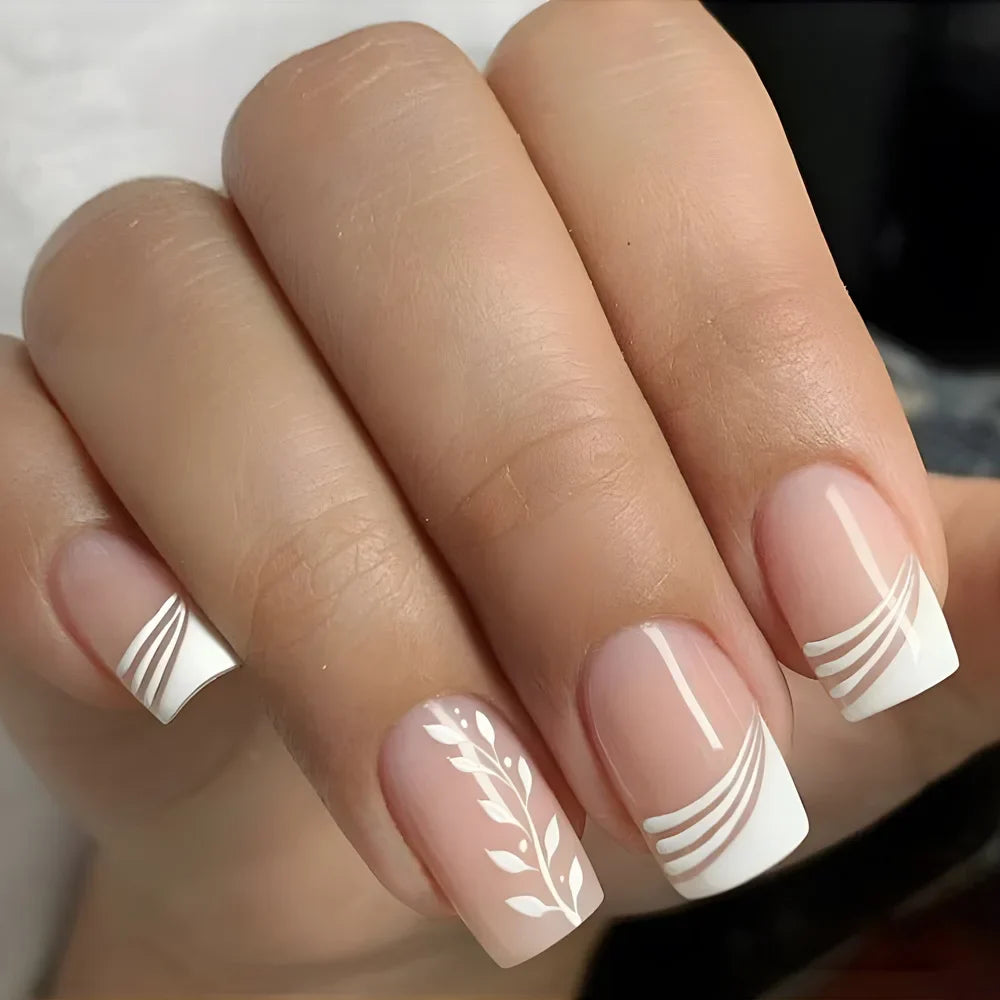 Gradient White Fake Nail Short Square Ballet Simple False Nails