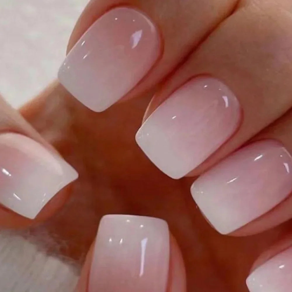 Gradient White Fake Nail Short Square Ballet Simple False Nails