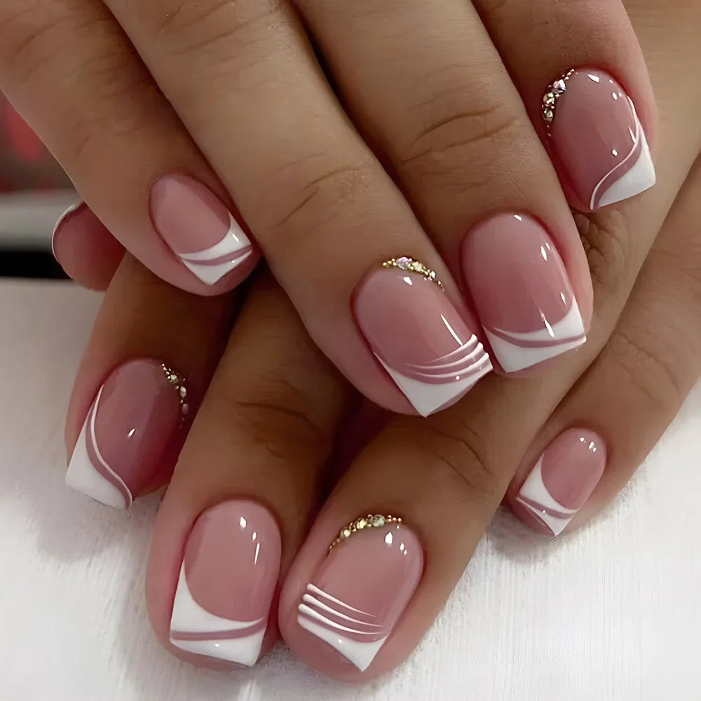 Gradient White Fake Nail Short Square Ballet Simple False Nails