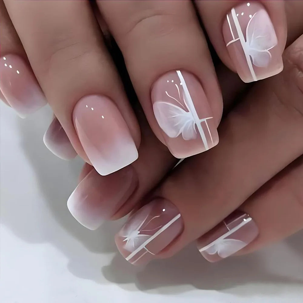 Gradient White Fake Nail Short Square Ballet Simple False Nails