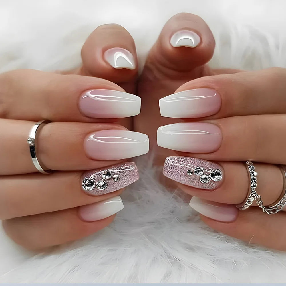 Gradient White Fake Nail Short Square Ballet Simple False Nails