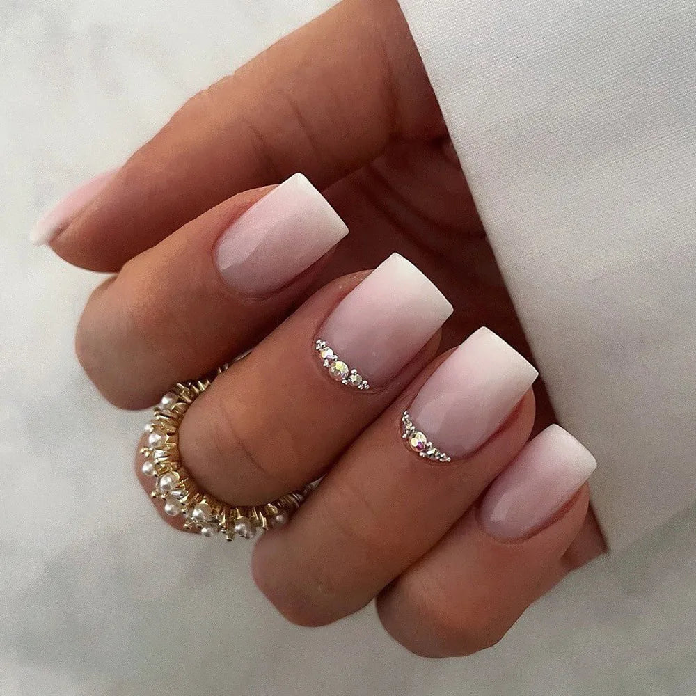 Gradient White Fake Nail Short Square Ballet Simple False Nails