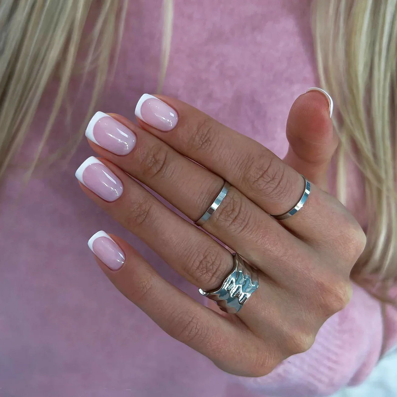 Gradient White Fake Nail Short Square Ballet Simple False Nails