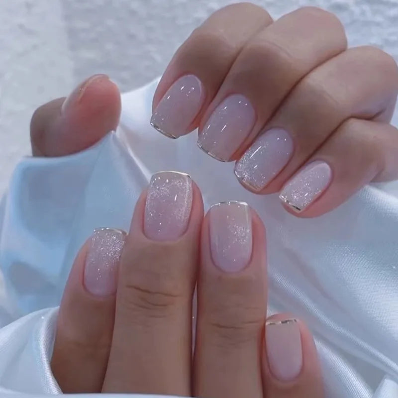 Gradient White Fake Nail Short Square Ballet Simple False Nails