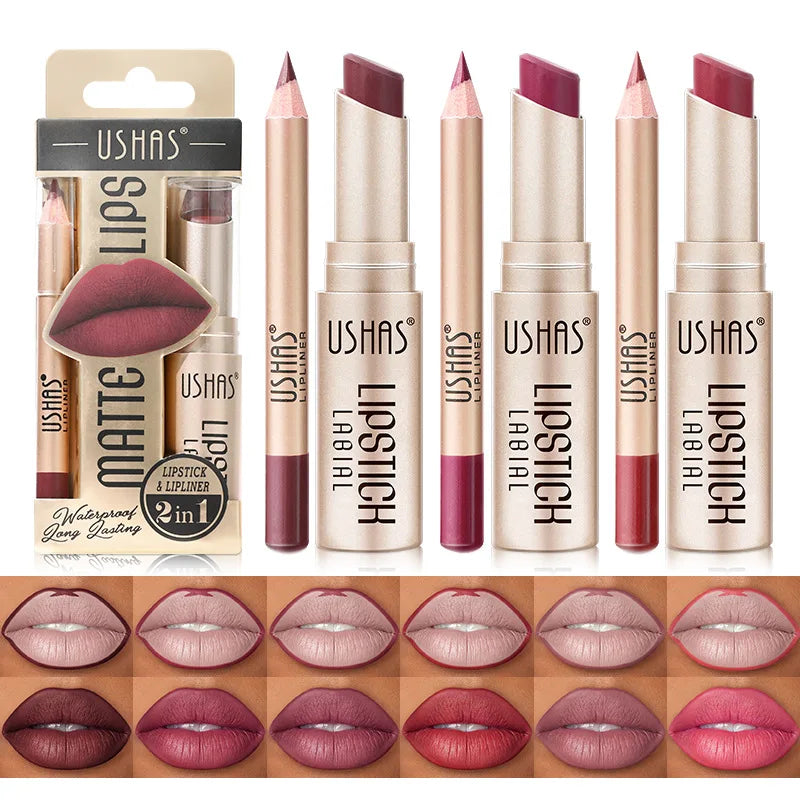 USHAS 12 Color Lip Liner Plus Lipstick Set Long Lasting Matte