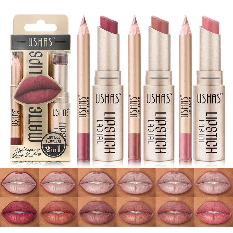 USHAS 12 Color Lip Liner Plus Lipstick Set Long Lasting Matte