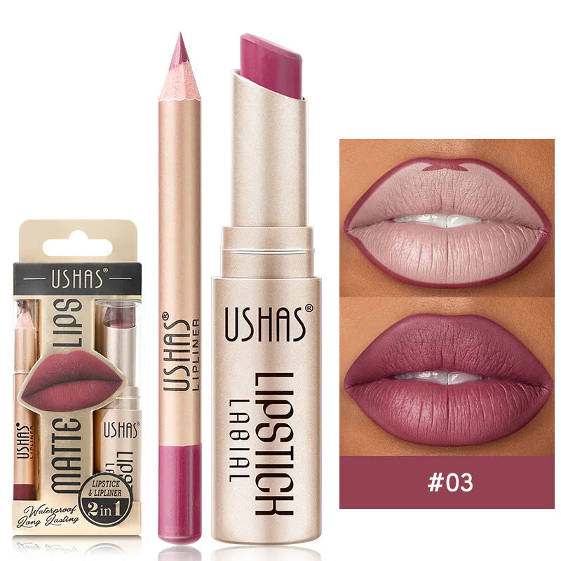 USHAS 12 Color Lip Liner Plus Lipstick Set Long Lasting Matte
