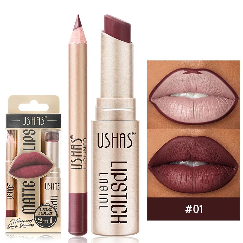 USHAS 12 Color Lip Liner Plus Lipstick Set Long Lasting Matte