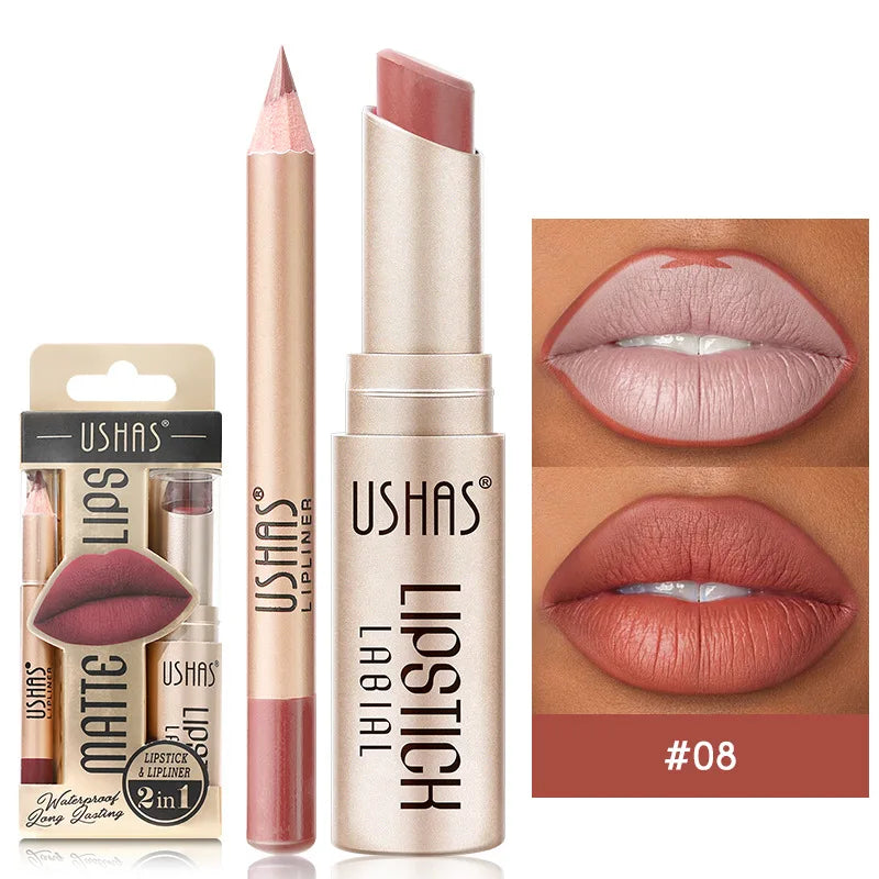 USHAS 12 Color Lip Liner Plus Lipstick Set Long Lasting Matte