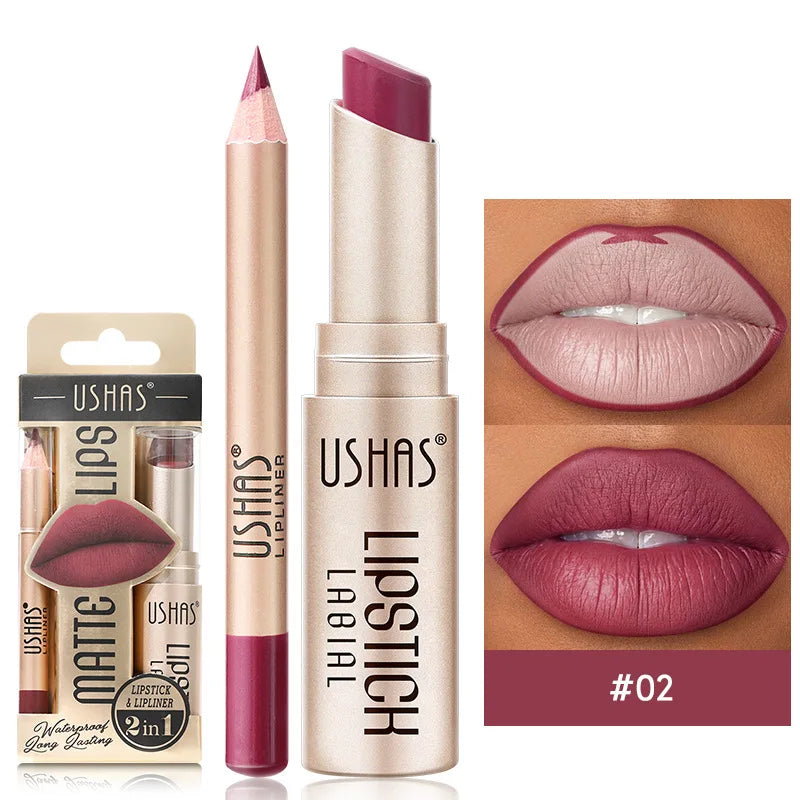 USHAS 12 Color Lip Liner Plus Lipstick Set Long Lasting Matte