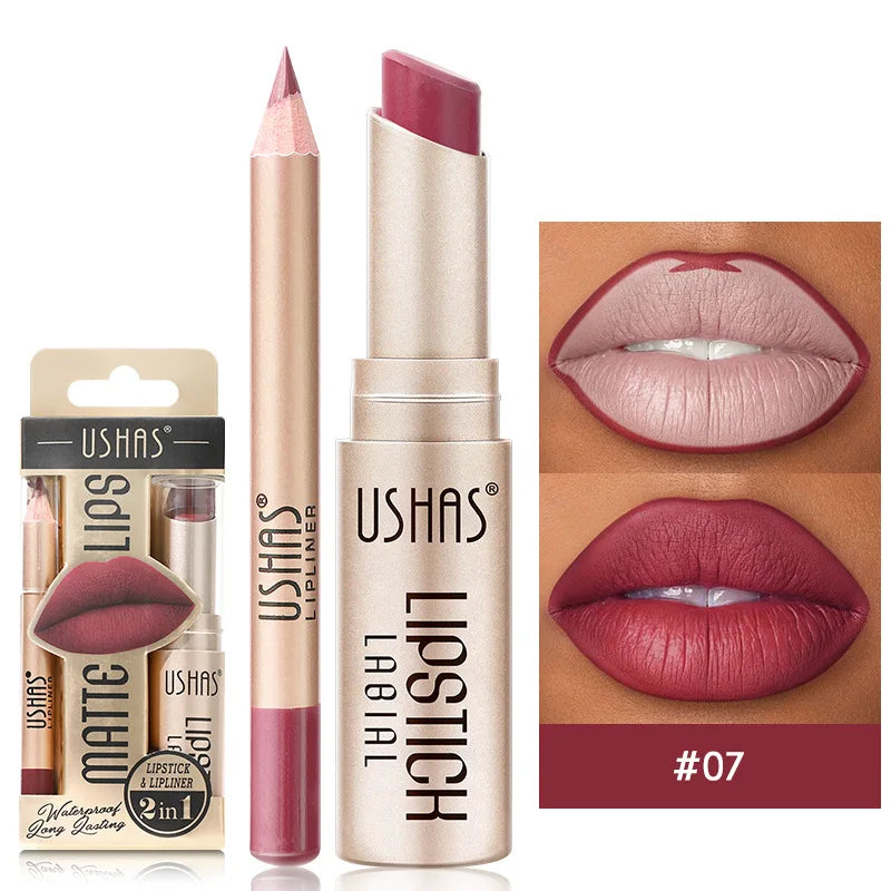 USHAS 12 Color Lip Liner Plus Lipstick Set Long Lasting Matte